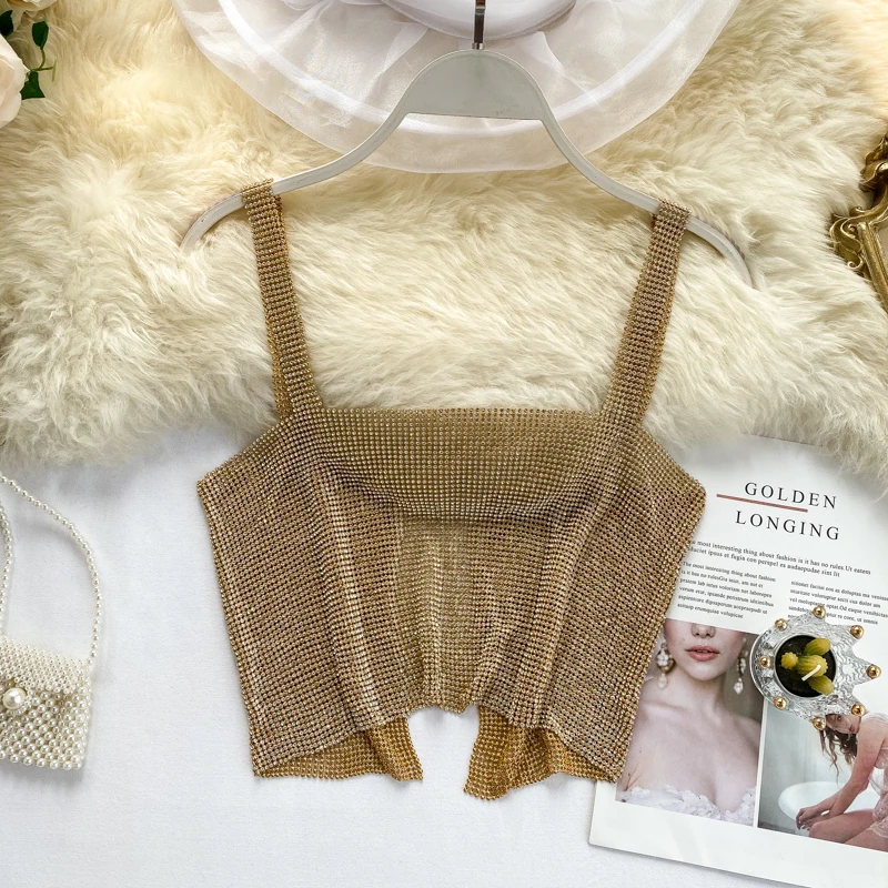 Ins Sexy Camisole Women's Outside Wear Dancing Glitter Short Crop Tops Sleeveless Solid Color Bling Camis K293 | Женская одежда