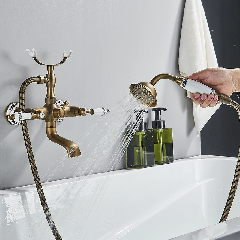 Bathroom Faucet Bathroom Shower Faucet Set Suguword Telephone Shape Bathroom Bathtub Shower Faucet Set Antique Brass Hot and Cold Water Mixer Tap Vintage Style