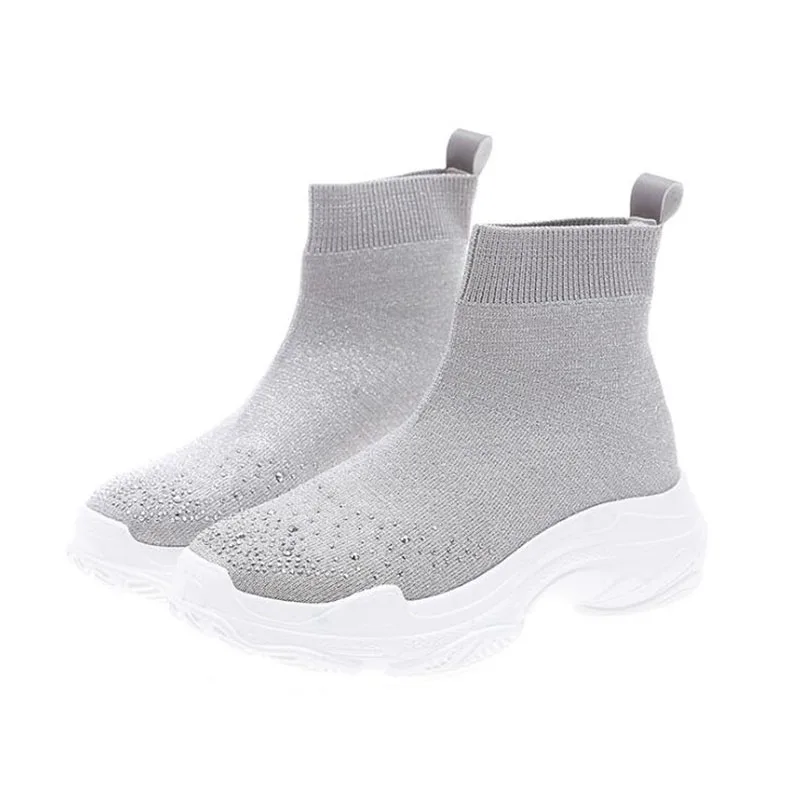 

Autumn and Winter Women's High Top Boots Nubuck Warm Casual Sneakers Round Toe Lace-Up Student Rhinestone Flat Boots dd257