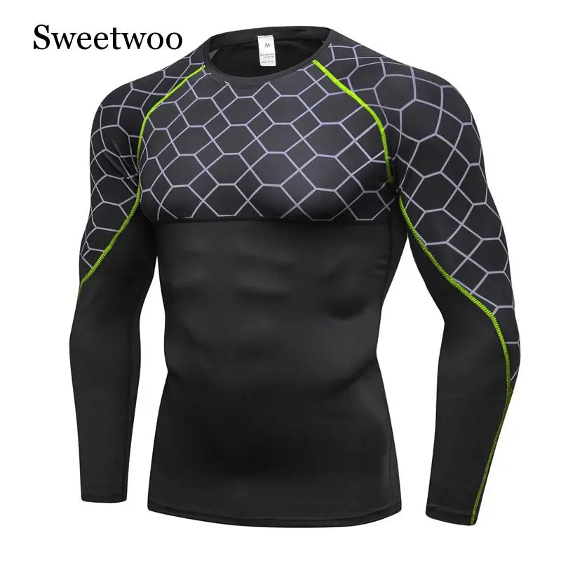 Men's Top Fitness Print Splicing Long Sleeve Running Training Quick Dry High Elastic Tights Bodybuilding Sports T-Shirt Male