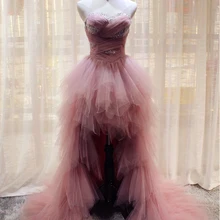 Lceland Poppy A-Line тюль Высокая Низкая Выпускные платья без бретелек Кристалл бисером плиссированные Формальные Вечерние платья