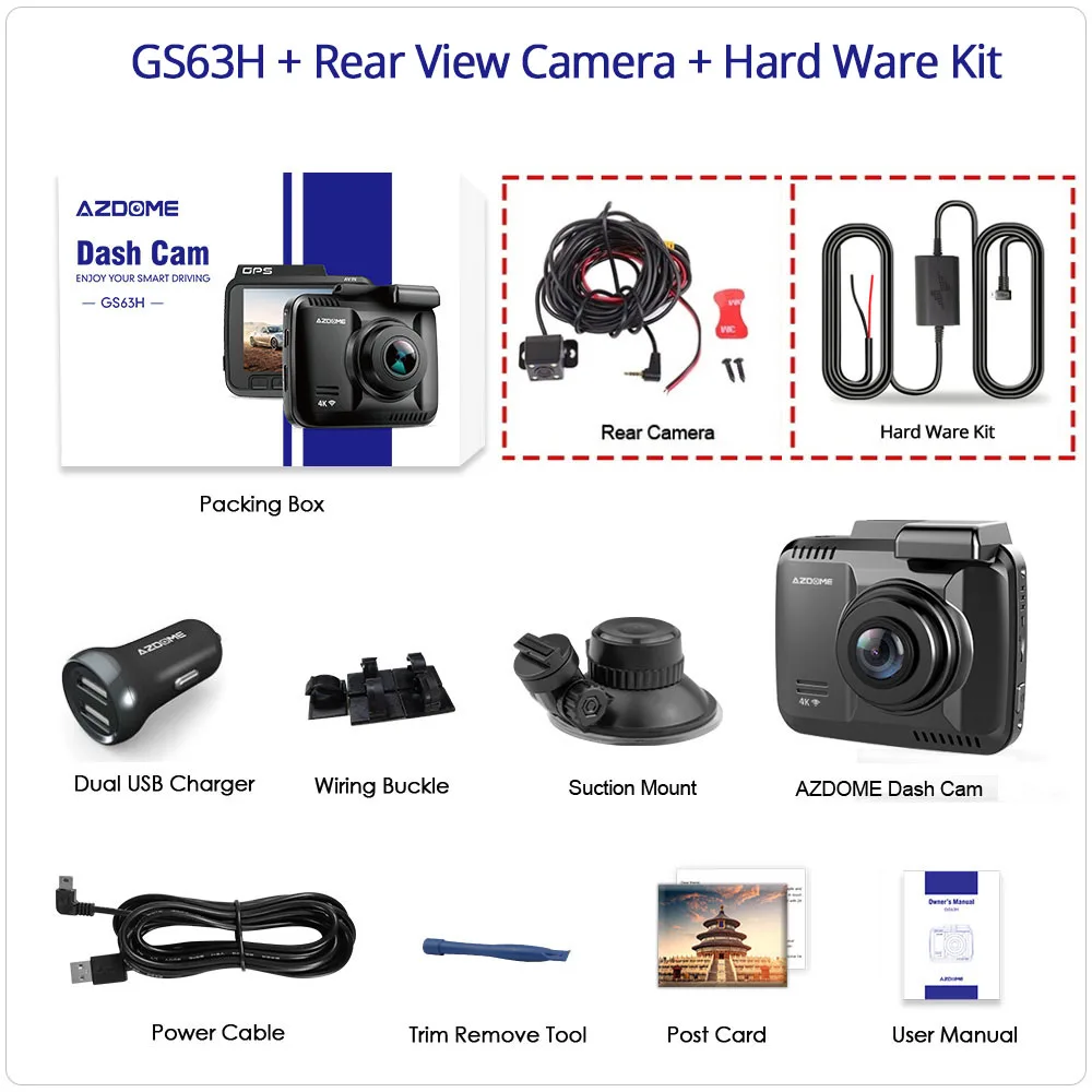 AZDOME Dash Cam GS63H 4K Встроенный gps скорость WiFi Автомобильный видеорегистратор Двойной объектив Автомобильная камера видеорегистратор ночного видения 24H Park - Название цвета: GS63H-RVC-HWK