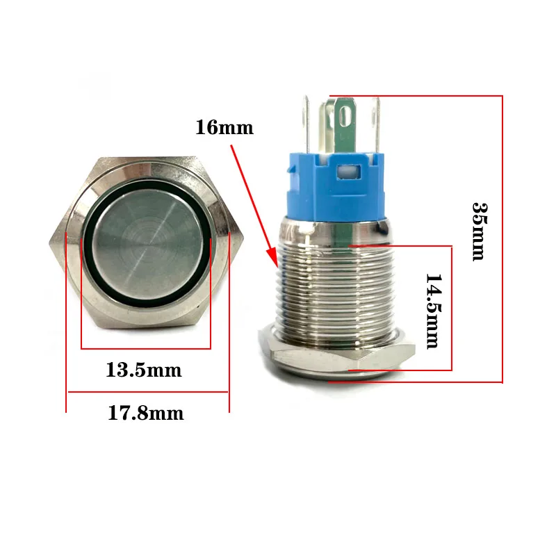 16mm 금속 푸시 버튼 스위치 링 램프 전원 기호 버튼 방수 LED 라이트 자동 잠금 자동 재설정 5PCS 커넥터 12v