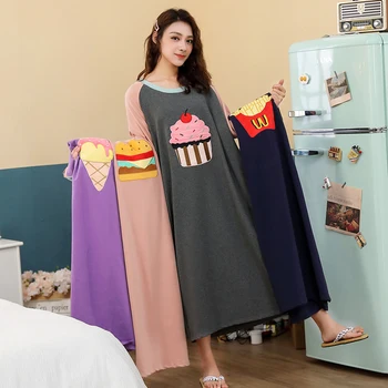 

Leisure Long Sleeve Thin Nightgowns Spring Summer Loose Women Cartoon Sleepwear Printing Food clothes Oversize Nightdress