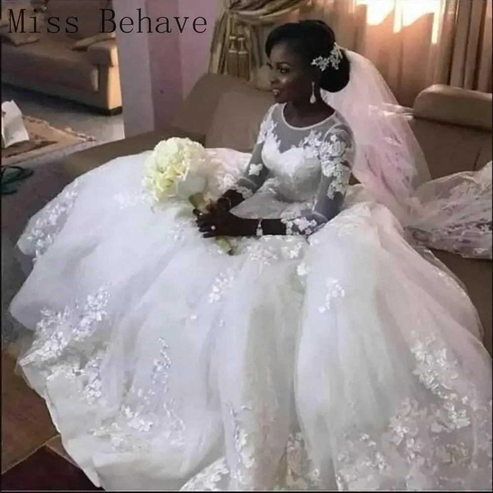 

DD JYOY Ball Gown Wedding Dress Long Sleeve Elegant Lace Wedding Gowns Bridal O Neck with Free Veil Zipper Back Africa Dress