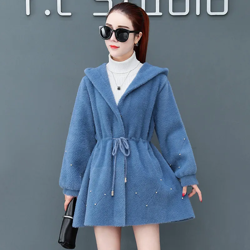 Blue Женское однотонное Фланелевое шерстяное пальто с капюшоном новое зимнее модное плотное длинное пальто с поясом и темной пряжкой и карманами для офисных леди - Цвет: Blue