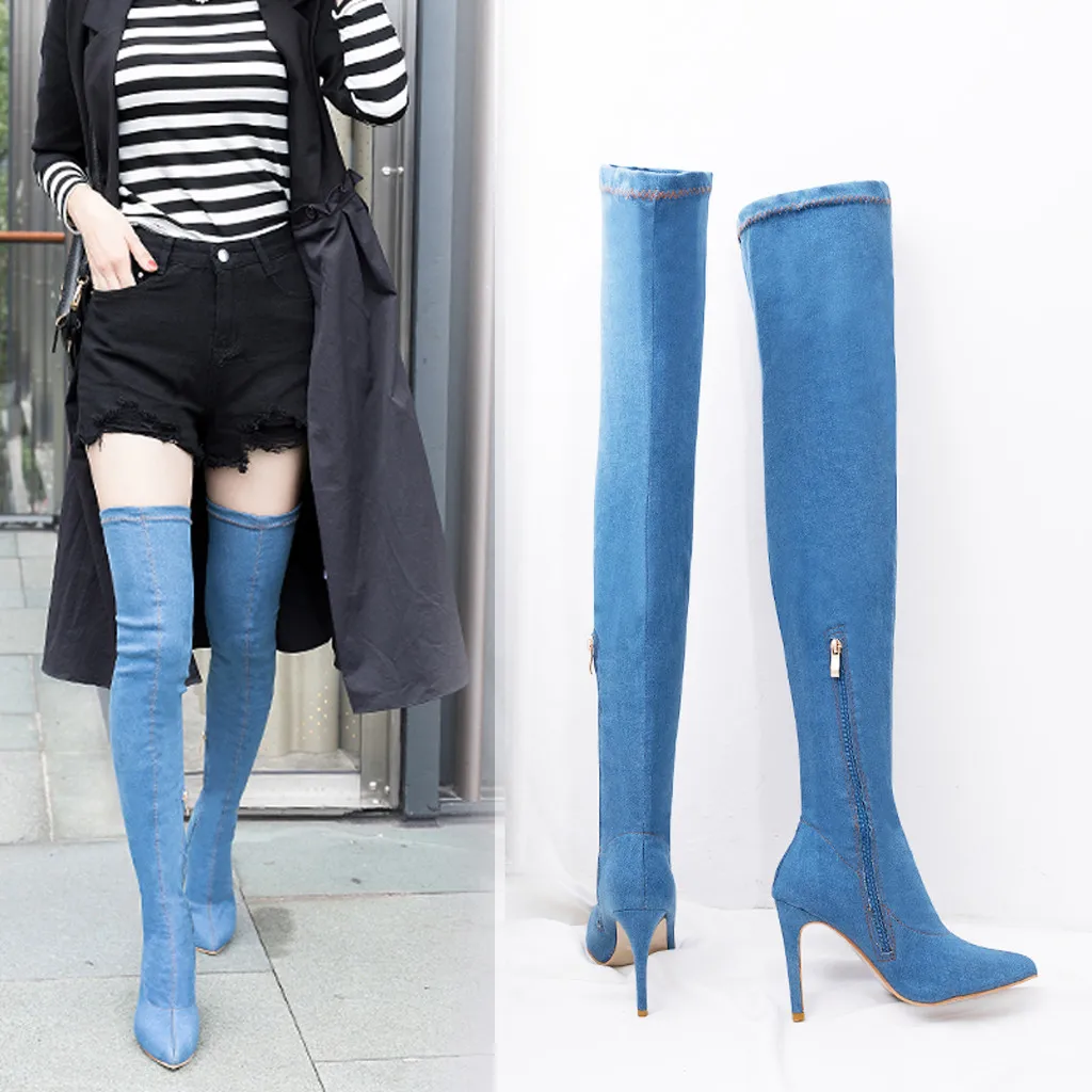 

Winter Boots Women Ladies Zip Fashion Denim Leisure Over Knee Thin Heels Shoes Long Tube Boot Pointed Toe Boots Women