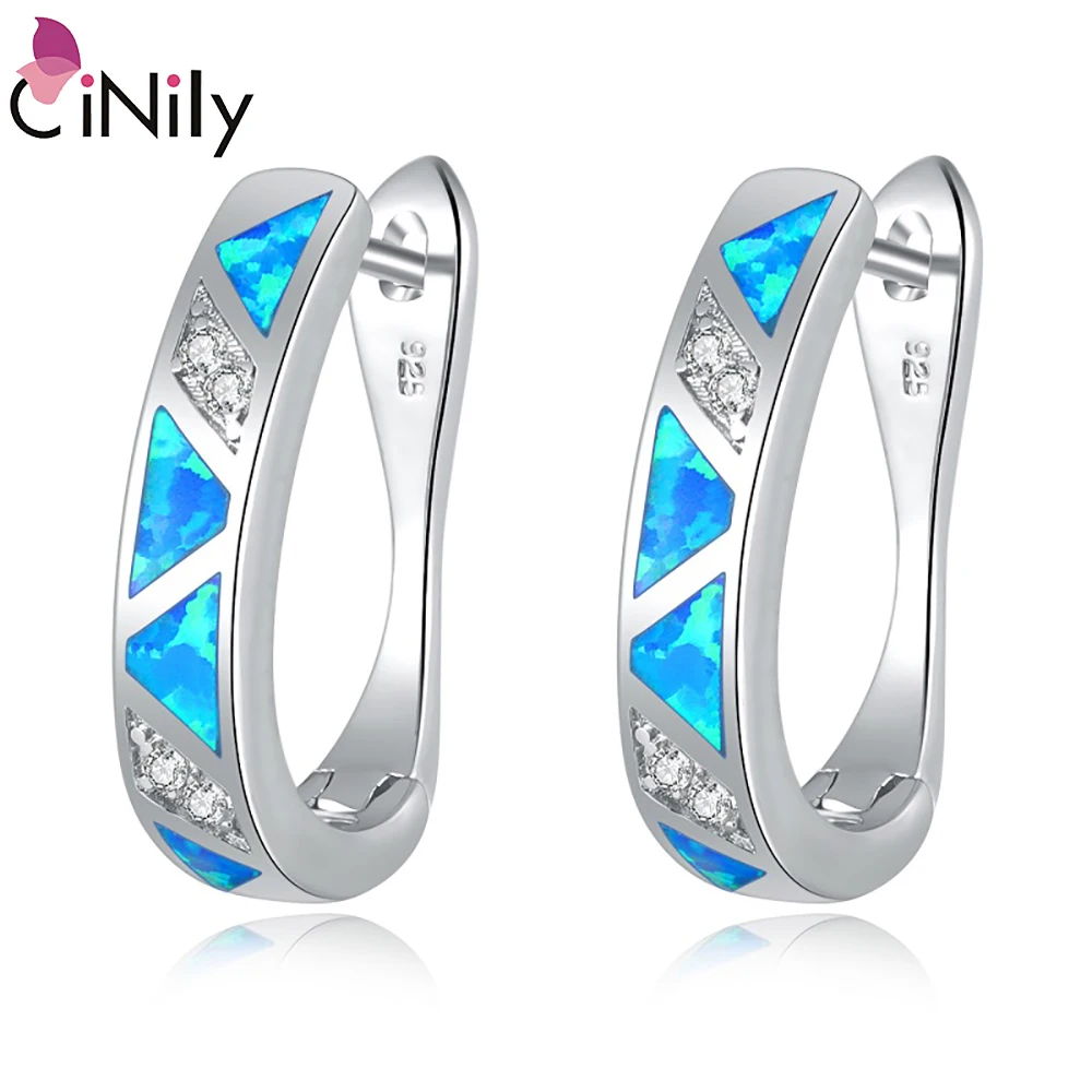 Серьги-кольца CiNily с голубым огненным опалом посеребренные Длинные овальные
