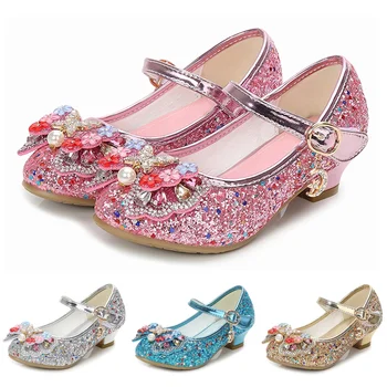 

Girls Summer Bowknot Princess Bling Sequins Mid Heels Party Dance Performance Dress Shoes Kids Performance Hook Loop Shoes D30