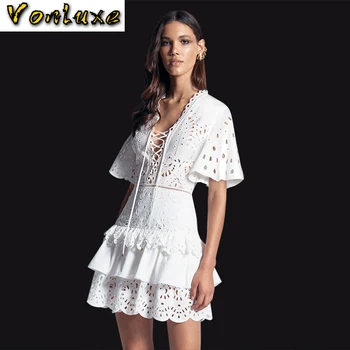 

Luxury Hollow Out Short Sleeve Princess Dress Women 2020 New Arrivals High Quality Sexy V Neck Bandage Dresses Runway Designer