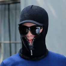  Hot Men Winter Knitted Hat With Zipper New Add Fur Lined Warm Brim Winter Hats For Men Keep Face Ear Warm Balaclava Cap 