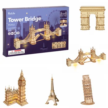 Robotime Wooden Puzzle Game DIY 3D Tower Bridge,Big Ben,Famous Building Assembly Toy Gift for Children Teen Adult 1
