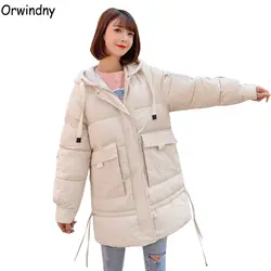 Orwindny/женское длинное зимнее пальто, женская куртка с капюшоном, теплая одежда с веревкой, утепленная парка, Женская Тонкая зимняя куртка на