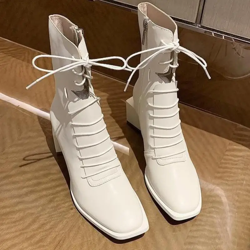 

Elegant Square Toe Shoes Woman Genuine Leather Cross Tied High Heels Ankle Boots For Women Wedding Party Winter Shoes