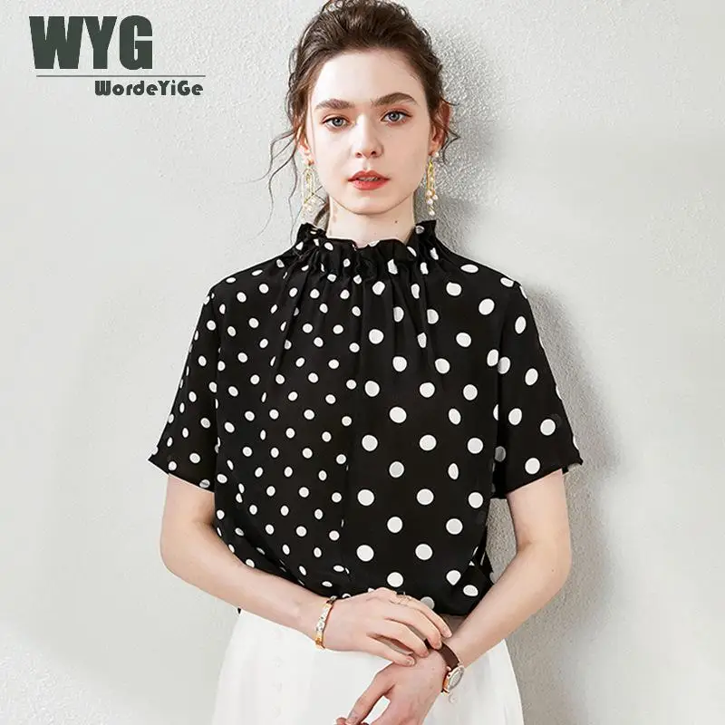 

2020 Summer Polka Dot Silk Blosues Ladies High Quality Frilled Stand Collar Elegant Patchwork Blouse Shirts