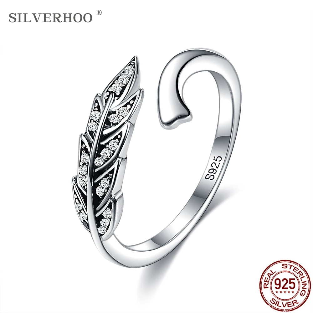 

SILVERHOO Authentic 925 Sterling Silver Feather Wings Open Adjustable Finger Rings For Women Small Zircon Vintage Ring Jewelry