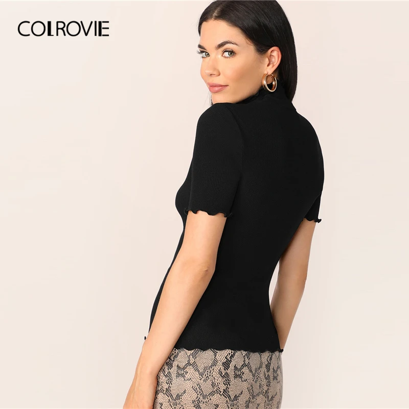 COLROVIE Lettuce Trim Form Fitted Rib-knit T-shirt Women Short Sleeve Casual Tops Female High Neck Elegant T-shirts