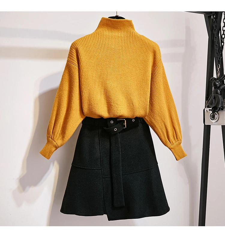 New Winter Pullover Sweater& Woolen Cloth Lantern Sleeve Knitted Top Irregular Skirt Suit With Belt Outfit Casaul Clothes