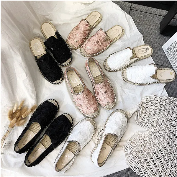 

2019 Spring New Style Petal Sequin Fisherman Shoes Women's Slip-on Love Straw Retro round Flat Single Sandals
