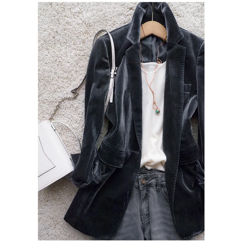 

2019 Summer Hot Popular Brand New Style Elegant Slim Fit Long Sleeve Velvet Small Suit Coat WOMEN'S Dress