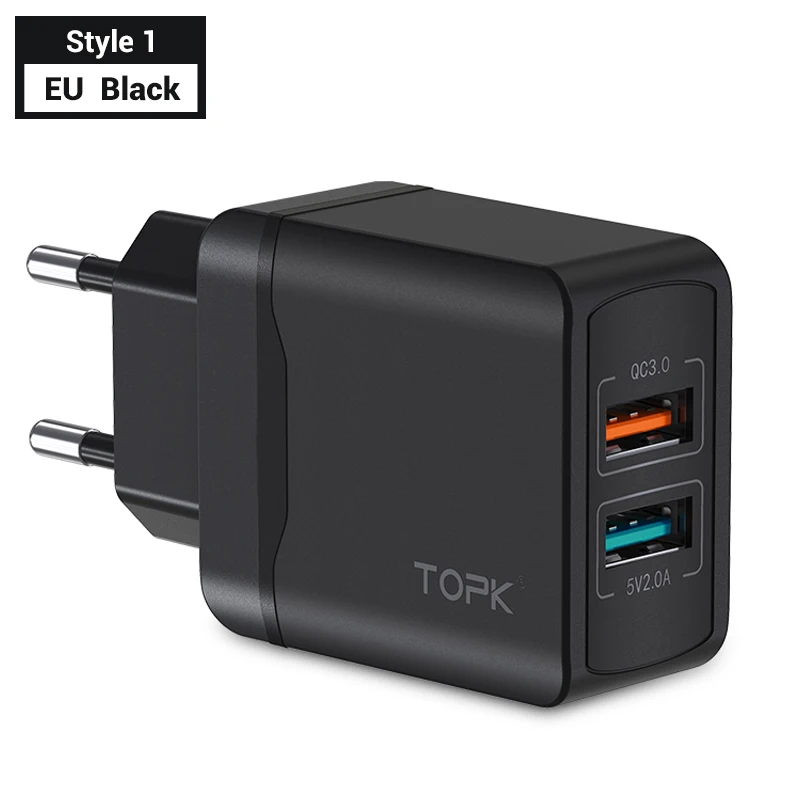 TOPK B254Q Быстрая зарядка 3,0 адаптер зарядного устройства с двойным USB ЕС Путешествия стены QC3.0 быстрое зарядное устройство для телефона для iPhone samsung Xiaomi - Plug Type: EU Black for Style 1