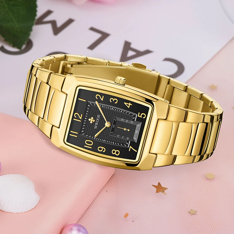 2023 New WWOOR Original Design Gold Watch Women Square Ladies Quartz Dress Wristwatches Female Arabic Clock Box Relogio Feminino