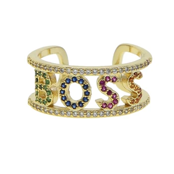 

letter jewelry gold filled colorful cz paved BOSS HAPPY LOVE letter open ring