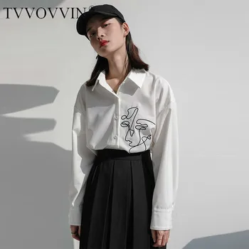 

China Abstract Print White Blouse Irregular Women Clothes 2020 Spring New Fashion Turn Down Collar Full Sleeve Shirt Top P026