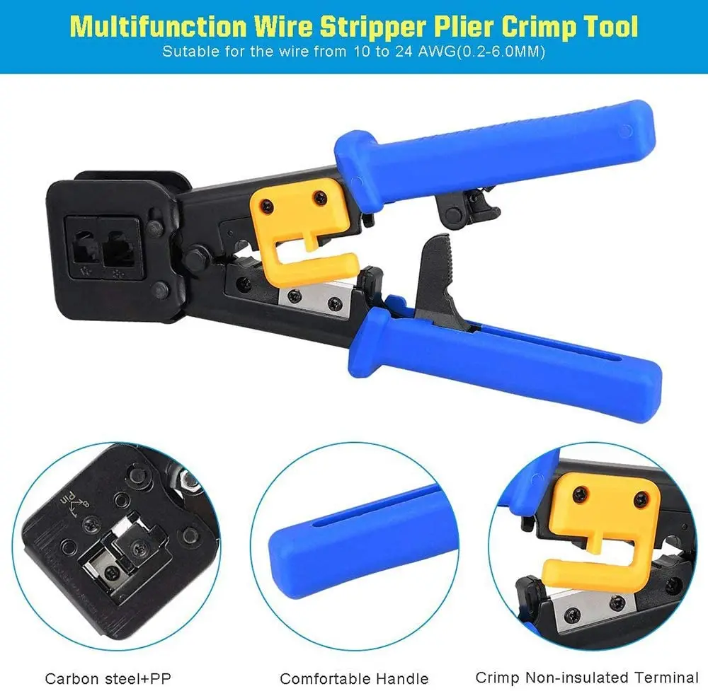 RJ45 Crimper Pass-Through/EZ RJ11/RJ12/RJ45 connectors Cutter Stripper CAT5e/CAT6 Network Cable Wire Crimping Tool wire stripper tools electrician tools