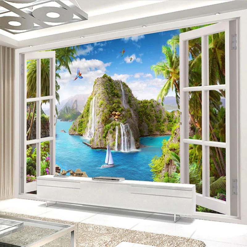 

Drop Shipping Custom Photo Mural Wallpaper HD Tropical Seascape Window Waterfalls Landscape Room Backgrounds Wallpaper Covering