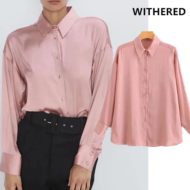 Увядшая блузка женская английская офисная атласная однотонная простая блуза mujer de moda рубашка женские топы и блузки размера плюс