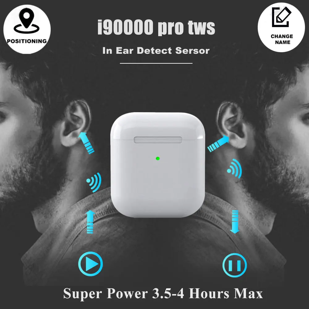 

2020 New Hightech i90000 Pro 1:1 tws Wireless Headphone Smart Sensor 8D Bluetooth Earphone GPS Rename with wireless Charging