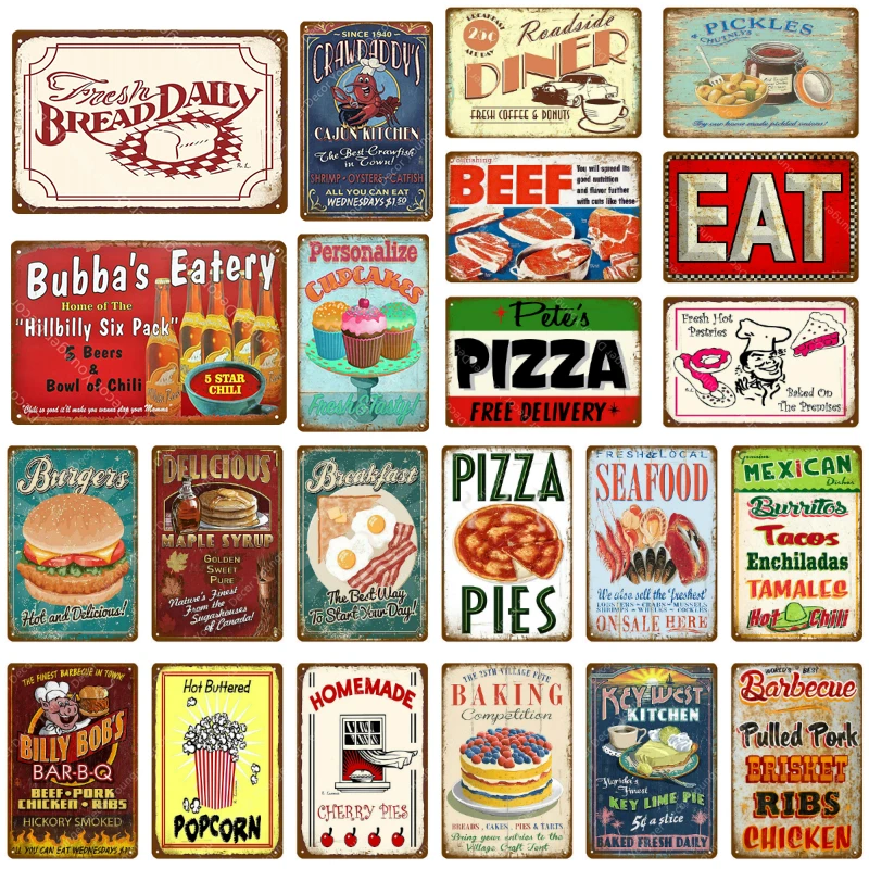 

Fresh Mexican Fast Food Seafood Metal Tin Signs Vintage Plaque Beef Bread Pizza Wall Poster Breakfast Diner Home Kichen Decor