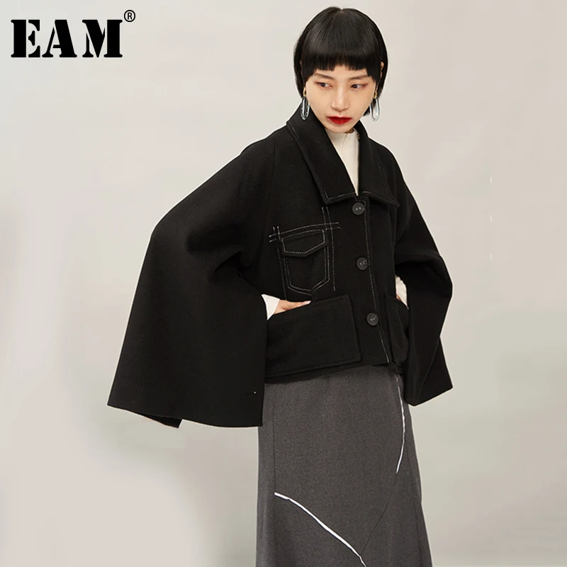 

[EAM] Loose Fit Black Line Split Big Size Short Woolen Coat Parkas New Long Sleeve Women Fashion Tide Spring Autumn 2020 1N372