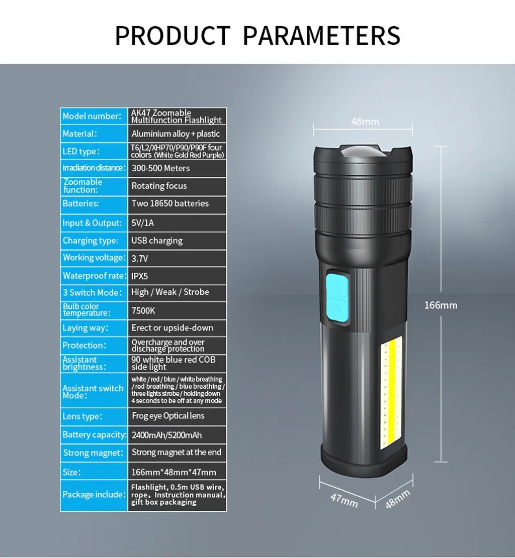Перезаряжаемый светодиодный светильник-вспышка с защитой от дождя и брызг, мощный Xhp90 Lanterna Cob светильник 5200 мАч, 4 режима, T3