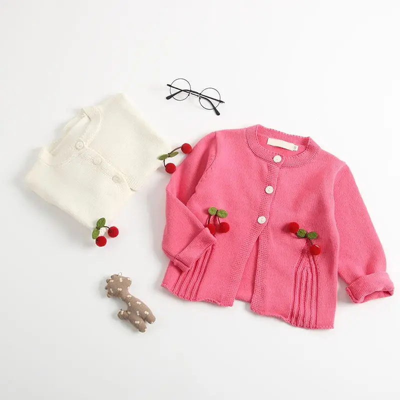 Одежда для маленьких девочек, хлопковый милый однотонный вязаный кардиган с вишнями, осенне-зимний свитер для девочек, пальто