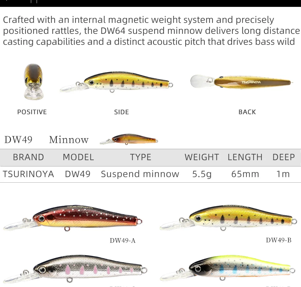 TSURINOYA для рыбалки приманки DW49 приостановить Minnow приманки 65 мм 5,5 г плавающий жесткий магнит для приманки центробежный Crankbait воблеры Джеркбейт