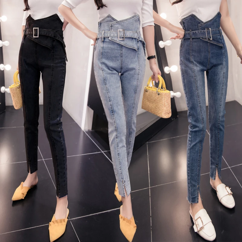 Jeans fashion net red irregular jeans women's ultra-high waist abdomen was thin and tight nine points feet pants early autumn