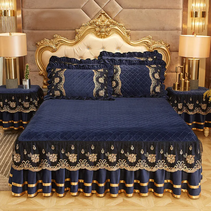 Velvet Red Cotton Quilted Lace Bedspread Ruffle Bedskirt King Size Coverlet Soft Full Queen Double Bed Cover Pillowcase
