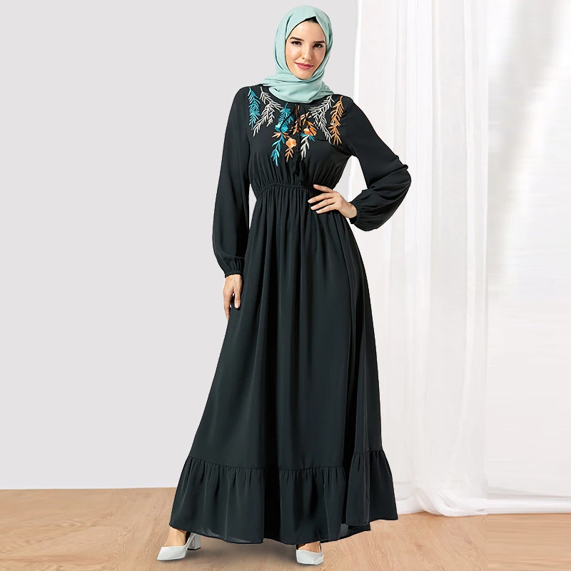 black dress Siskakia элегантное женское длинное платье трапециевидной формы белое эластичное платье с высокой талией и рюшами макси платья размера плюс мусульманская одежда с вышивкой - Цвет: black dress