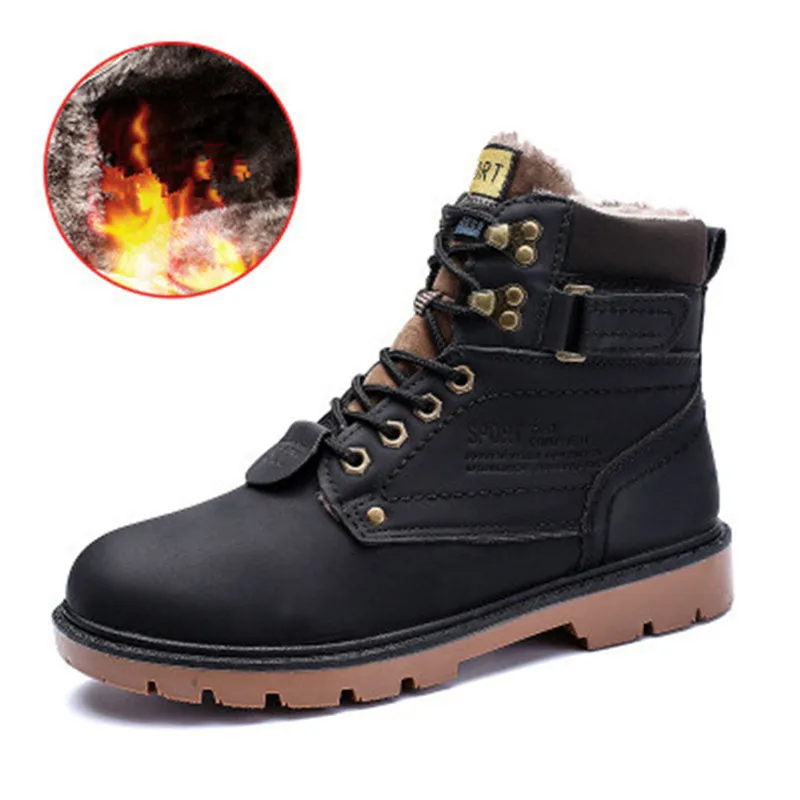 Size 39-46 Men Fashion Lace-Up Boots Durable Rubber Sole Man Leather Ankle Boots Winter Plush Keep Warm Snow Boots Black Brown - Цвет: black Plush