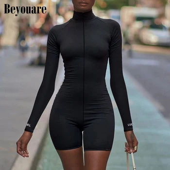 

Beyouare Rib Knit Playsuit Women Spring Stretchy Letter Embroidery Casual Fitness Full Sleeves Solid High Street Sexy Jumpsuit