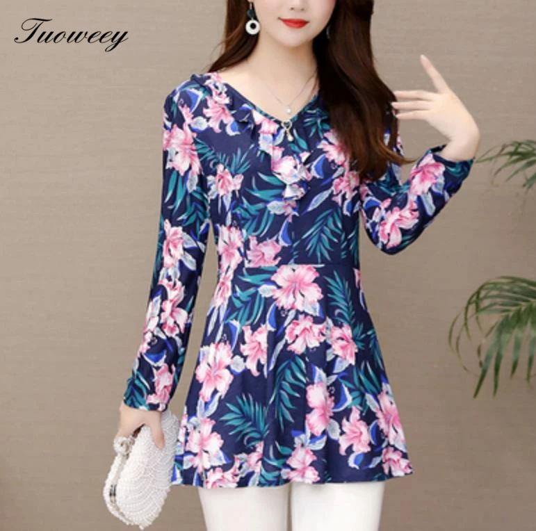 

2019 New Arrival Fashion autumn elegant long ruffle floral long Shirt Female Casual Color Plus Size 5XL Printed Blouse