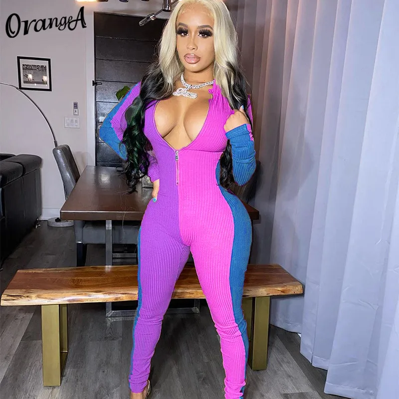 

OrangeA Autumn Ribbed Women Patchwork Jumpsuits Sporty Casual Elastic Activewear Overalls Workout Zipper Y2K Fashion Streetwear