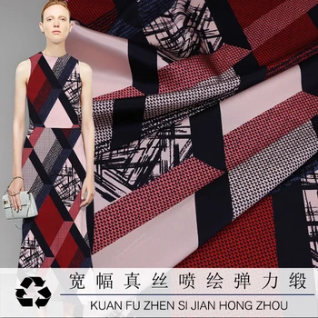 

geometry Digital Print 140cm 19momme 93%silk 7%spandex Charmeuse Fabric for Dress Elasticity Diy Sewing Free Shipping Summer New