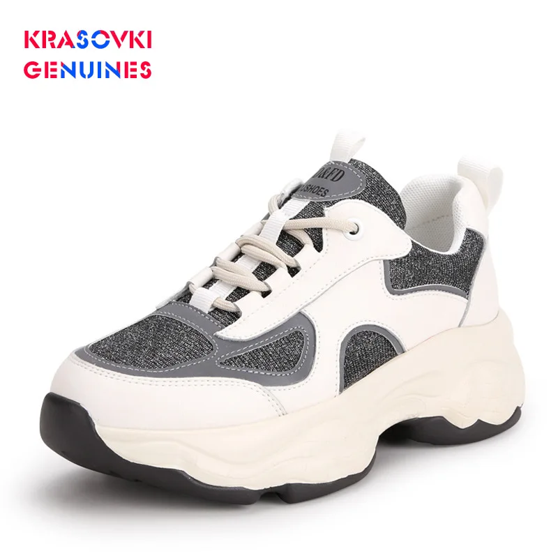 

Krasovki Genuines Sneakers Women Autumn Leather Dropshipping Fashion Thick Bottom Cowhide Breathable Lace Leisure Women Shoes