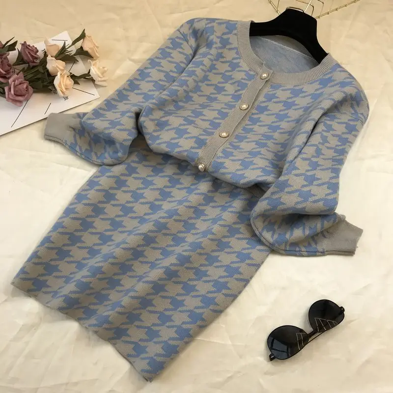 ALPHALMODA/женские кардиганы и юбки, модный вязаный комплект из 2 предметов с рисунком «гусиная лапка», свитер с длинными рукавами, мини-юбка, комплект из 2 предметов