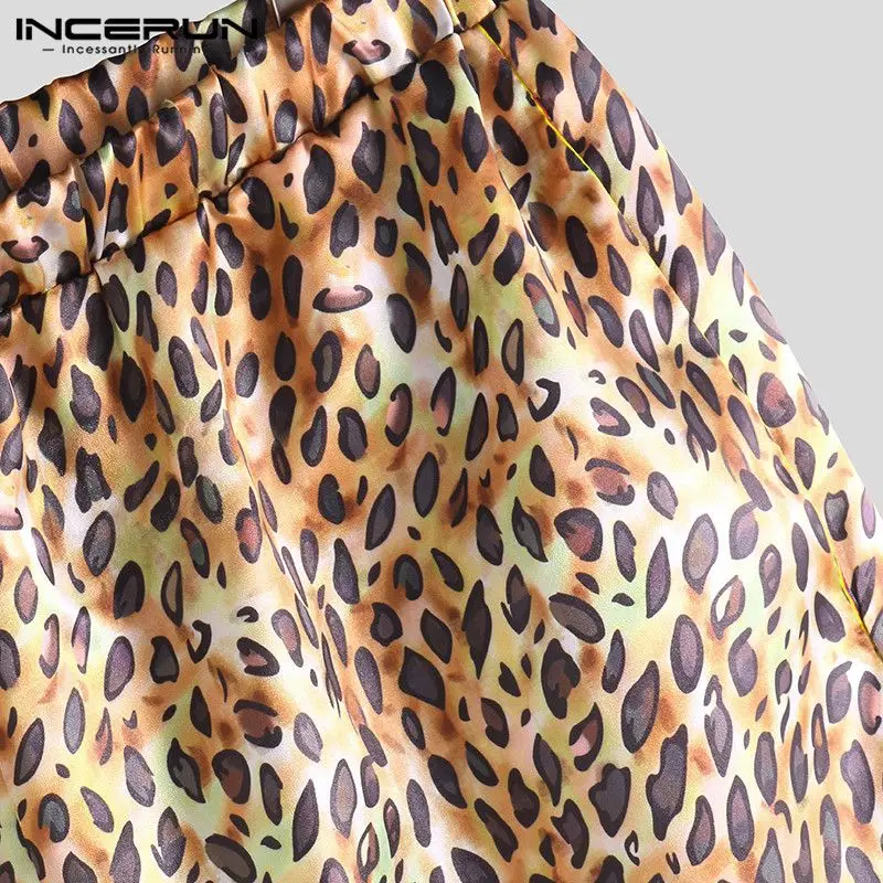 INCERUN Модные мужские халаты наборы леопардовая Пижама сексуальный удобный домашний халат с длинными рукавами для отдыха мужские шорты комплекты для сна S-5XL