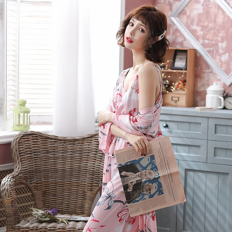 Spring 3 PCS Women Flower Print Pajamas Sets With Pants Cute Cotton Pyjama Spaghetti Strap Nightwear Sleepwear Pijama - Цвет: Pink