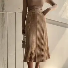 Новые женские офисные элегантные плиссированные юбки, винтажные утолщенные осенние Юбки миди с эластичной высокой талией, вязаные юбки